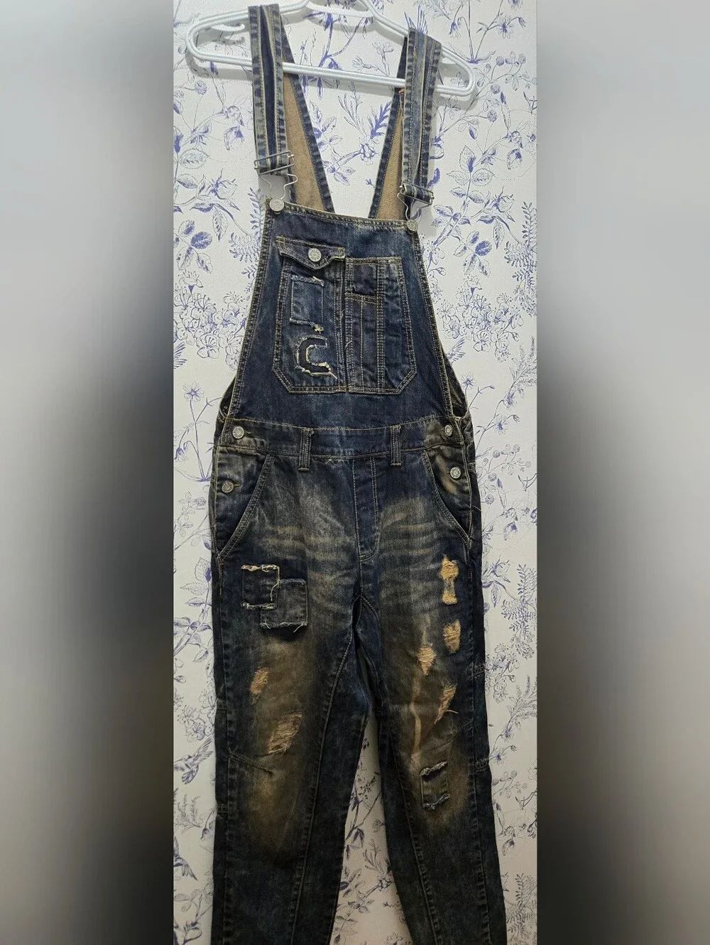 Men's Distressed Denim Overalls